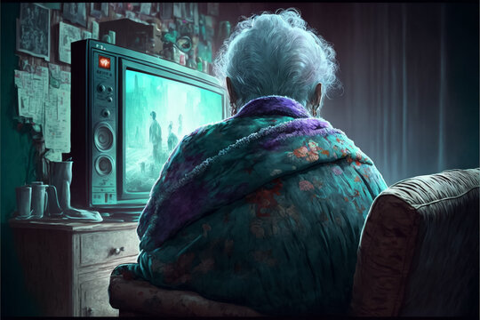 An Old Woman Watching The TV Alone. Generative AI