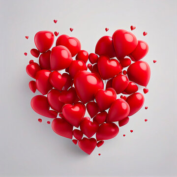 Valentines heart shape made with multiple insufflated heart shaped balloons in red color. 3D rendering. Valentines Day Concept. Generative AI.