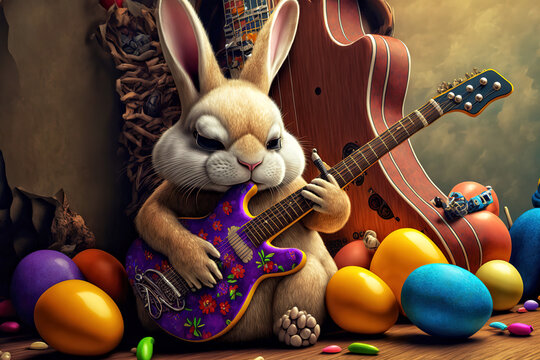 Easter Bunny Surrounded By Easter Eggs Playing an Electric Guitar - AI Generative