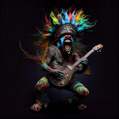 Angry doll African shaman with guitar screaming. Generative AI.