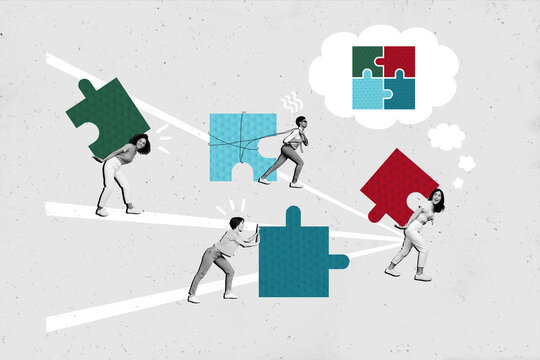 Composite collage picture image of four woman working together puzzle jigsaw project job idea start up task solution human resources