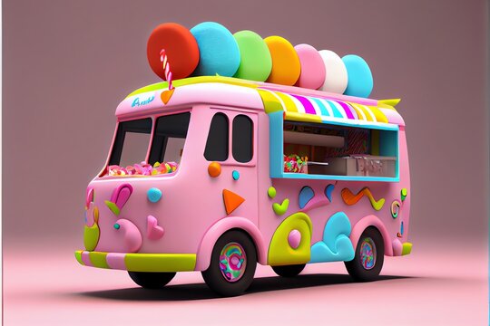 Fantasy Colorful Food Truck of Candyland. Generative AI