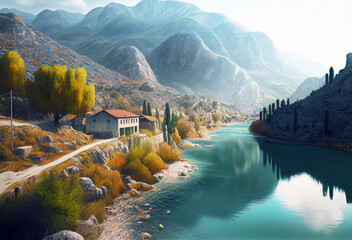 Albania landscape with mountains. Generative AI Art. Beautiful view. - obrazy, fototapety, plakaty