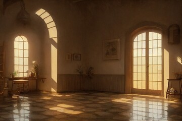 Fototapeta premium Cozy Empty corridor with Spanish style interior arched windows minimal staged furniture home decor at golden hour Made with Generative Ai