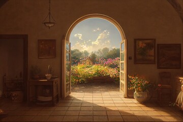 Obraz premium Luxurious beautiful Spanish style interior leading to exterior with large arched windows doorways at golden hour with minimal staged furniture home decor with garden views Made with Generative Ai