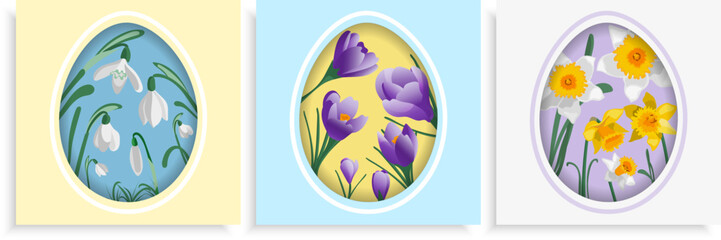 Happy Easter card set with egg shaped background and spring flowers snowdrop crocus daffodils