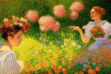 Vintage oil rococo painting of women in field of flowers Made with Generative Ai