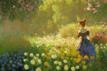 Vintage oil rococo painting of woman in field of flowers Made with Generative Ai