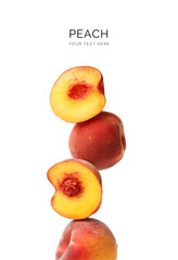 Creative layout made of peach on the white background. Flat lay. Food concept. Macro concept. 