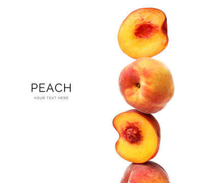 Creative layout made of peach on the white background. Flat lay. Food concept. Macro concept. 