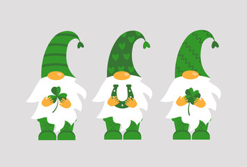 illustration of three gnomes with clover and horseshoe