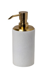Obraz premium Closeup of a beautiful white golden perfume bottle or liquid soap bottle isolated on a white background. Macro. Copy space for label design.