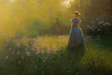 Vintage oil rococo painting of woman in field of flowers Made with Generative Ai