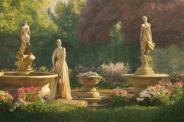 Beautiful antique vintage oil painting with daylight of garden landscape with water fountains and statues Made with Generative Ai