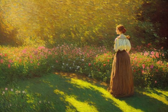 Vintage oil painting of woman standing in garden surrounded by flowers Made with Generative Ai