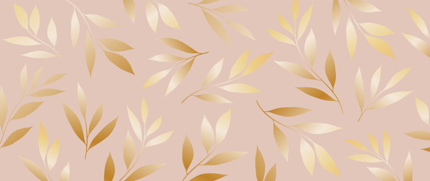 Luxury botanical vector art. Golden texture of botanical flower branch of leaves on pink background. Illustration design for wedding and vip cover template, banner.