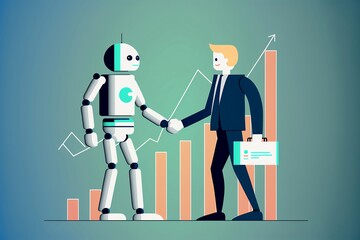 robot and businessman shaking hands in front of a chart, generative ai