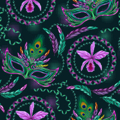 Seamless turquoise pattern with carnival masks, feathers, serpentine ribbons, streamters, pink orchid on dark background. Detailed vintage illustration for prints, apparel, clothing, surface design