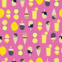 Ice cream with lemon. Fresh summer food concept. Seamless vector pattern