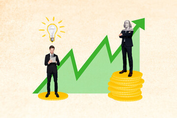 Fototapeta premium Creative collage image of business people use tablet bright idea light bulb pile stack money coins growing arrow upwards isolated on painted background