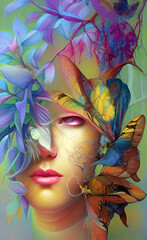 fantasy woman with floral decorations and mask, surreal illustration, generative ai, these depiction is fictitious and generated
