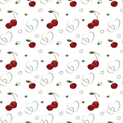 Seamless pattern with heart and cherry on white background