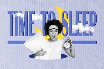Composite collage image of sleepy funny young woman yawn hug pillow hold alarm clock time to sleep...