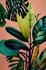 Fototapeta na wymiar floral wallpaper. tropical plants, bright green flowers, grass, leaves pattern