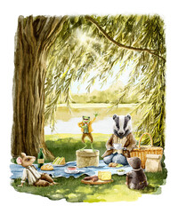 Watercolor fantasy cute animals badger, rat, toad and mole in vintage clothes on picnic with food from book the wind in the willow isolated on white background. Hand drawn illustration sketch