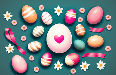 Fototapeta na wymiar Decorative Easter Egg Background. Happy Easter Day Banner with colorful painted eggs. 3d. Kid friendly design. Generative AI.