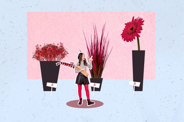 Collage 3d image of pinup pop retro sketch of attractive small woman fashionista pick flower...