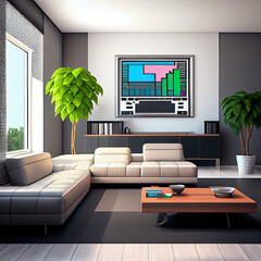 Ein Wohnzimmer mit einem Pixel Art Gemälde created with Generative AI Technologies