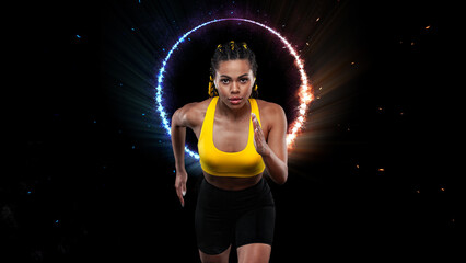 Download picture for cover for the music collection for jogging. Sprinter run. Woman running on black background in neon lights. Fitness and sport motivation. Runner concept.