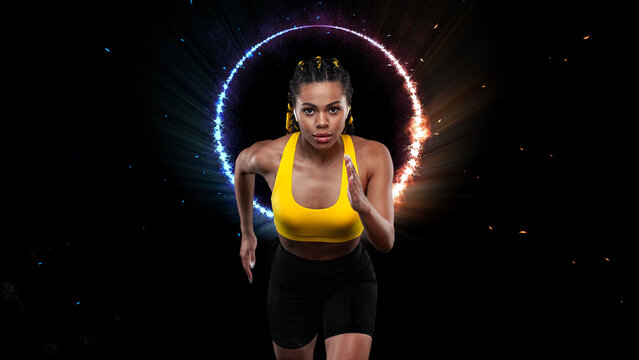 Download picture for cover for the music collection for jogging. Sprinter run. Woman running on black background in neon lights. Fitness and sport motivation. Runner concept.