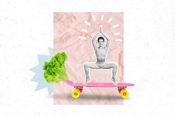 Creative poster collage of active strong young woman practice yoga miniature skateboard broccoli...