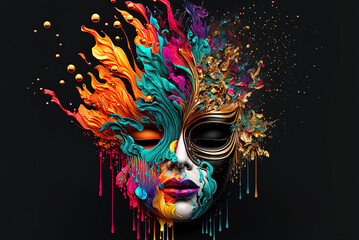 Abstract Venice Carnival Mask with Splashes of Liquid. Fun and Colorful Composition. Ai generated art