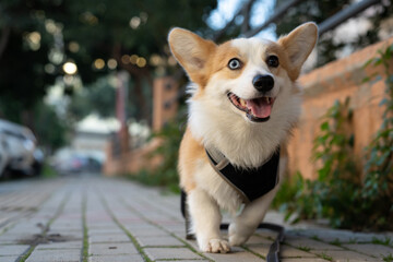 Cute beautiful corgi dog for a walk.