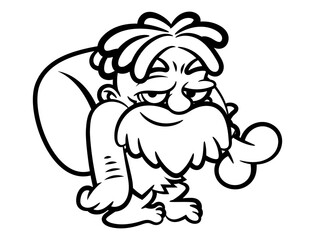 Cartoon illustration of Cavemen with dreadlocks and beard, wearing animal leather outfit, carrying a fresh meat in his shoulder. Best for outline, logo, and coloring book with primitive life themes