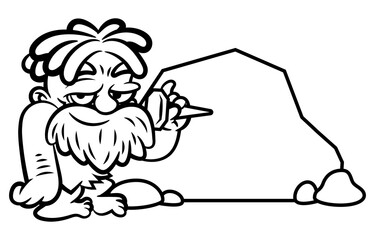 Cartoon illustration of Cavemen with dreadlocks and beard, wearing animal leather outfit, writing an epigraph with nails made of stones. Best for outline and coloring book with primitive life themes