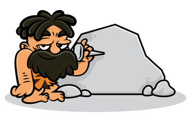 Cartoon illustration of Cavemen with dreadlocks and beard, wearing animal leather outfit, writing an epigraph with nails made of stones. Best for sticker, logo, and mascot with primitive life themes