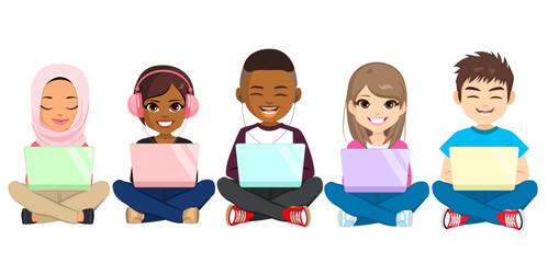 Set collection of teenage people sitting with crossed legs using laptop computer. Isolated vector illustration