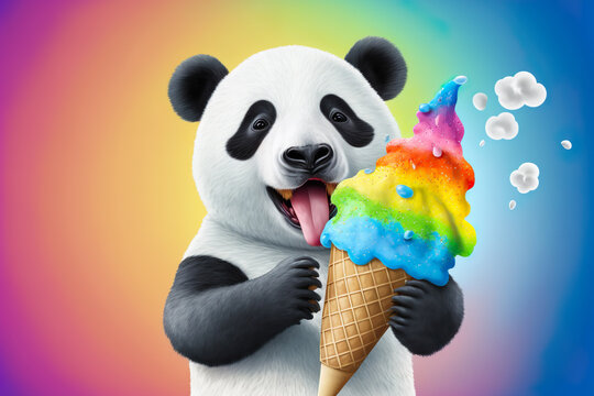 Panda eats ice cream in rainbow colors. Illustration in soft pop style. Generative AI