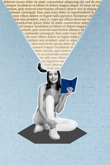 Vertical collage picture of black white gamma positive girl hold book opened head text page...
