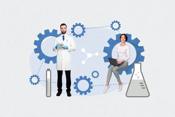 Creative abstract collage template graphics image of pharmacist secretary creating new medicine isolated drawing background