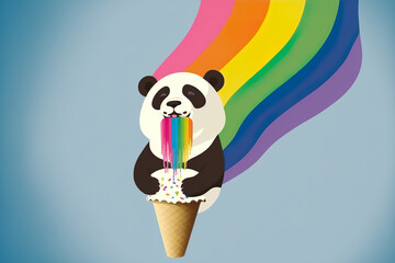 Panda eats ice cream in rainbow colors. LGBT concept. Illustration in cartoon style. Generative AI