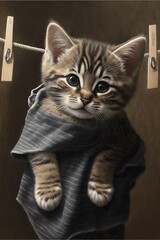 cute tabby kitten hanging from a cloths line, ai generated
