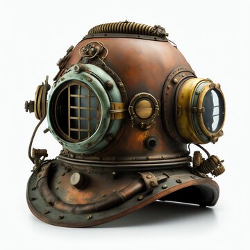 A vintage diving helmet on white background, Ai Generated