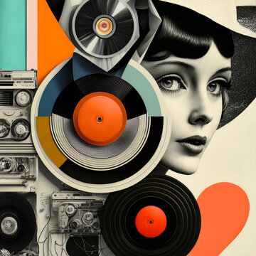 60s Retro Fashion Background With Records. Retro Style Collage