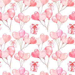 Obraz premium Holiday-themed seamless pattern with pink balloons and gifts. Watercolor cute Valentine's day print with white background.