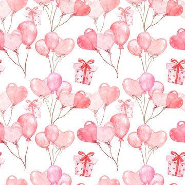 Holiday-themed seamless pattern with pink balloons and gifts. Watercolor cute Valentine's day print with white background.